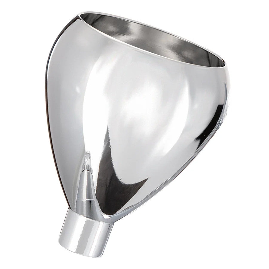 Harder & Steenbeck 5ml Gravity Cup for Ultra 2024 Airbrush having A shiny chrome exhaust tip with an angled oval opening, tapering to a cylindrical base