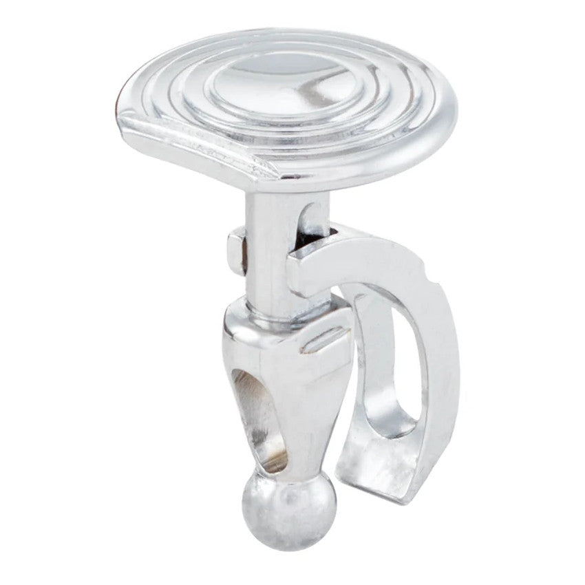 A shiny chrome trigger assembly with a circular top, hinged body, and a curved lever