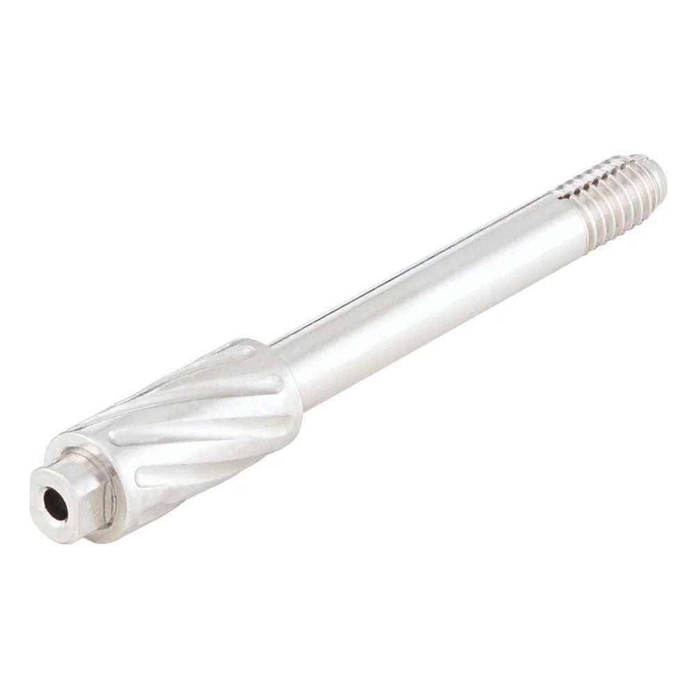 A silver metal needle guide with a threaded end and the other end featuring a hexagonal opening and spiraled grooves