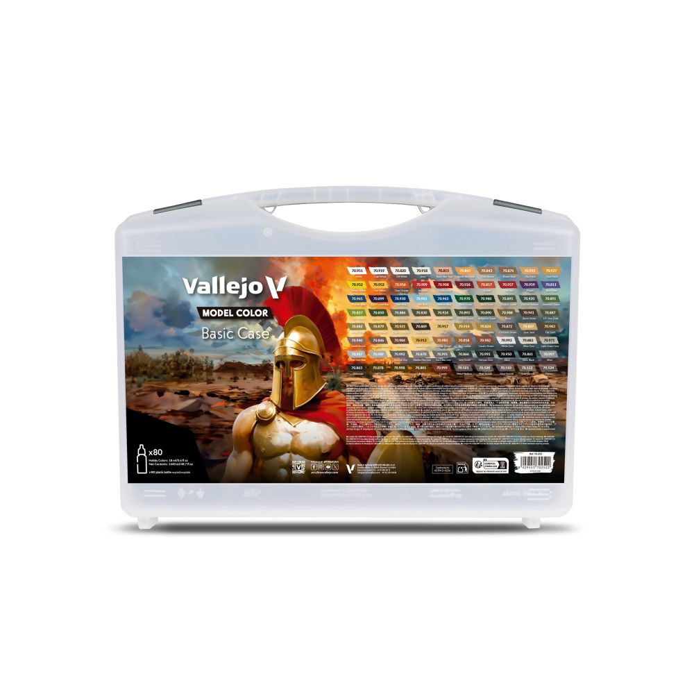 Vallejo Model Color Basic Case: 80 paints in a clear plastic box. Label features a miniature Spartan warrior and color swatches