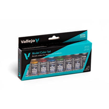 A black and teal box of Vallejo Model Color Set acrylic paints, displaying 8 small, multicolored bottles