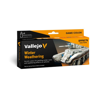 A box for Vallejo Winter Weathering acrylic colors for painting winter camo and weathering effects on vehicles, featuring a model tank