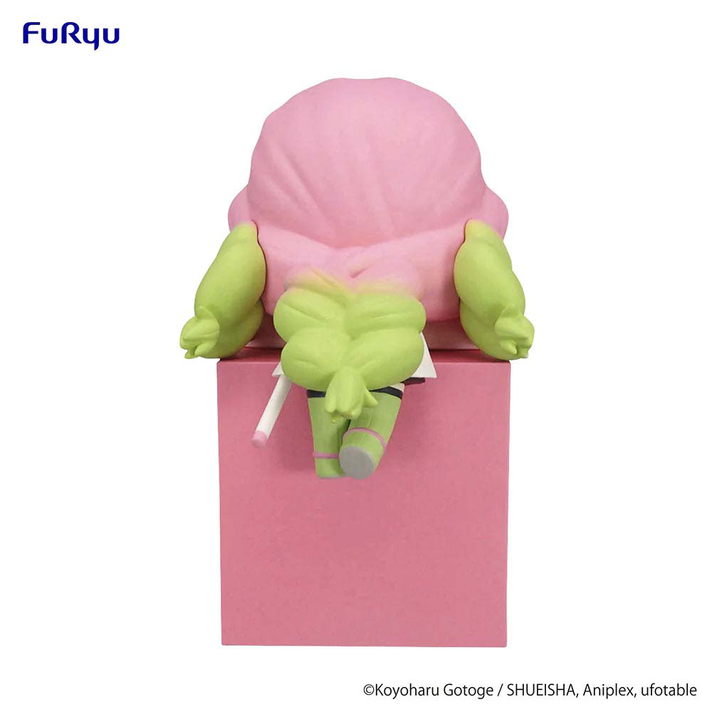 Side view of Mitsuri with joyful expression and flowing pink-green hair