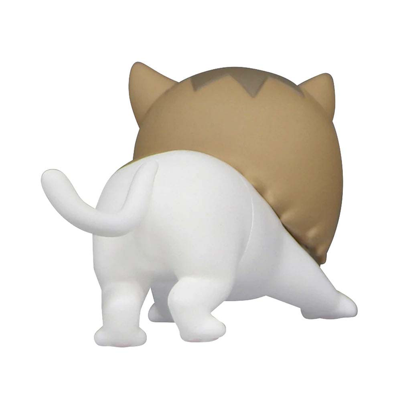 White and brown cat figurine with a detailed tail and small paws