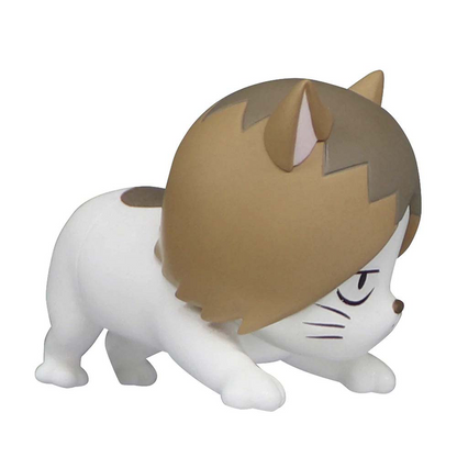 Cute white and brown plush cat toy figure with brown and yellow patches and brown hair-like design on its head