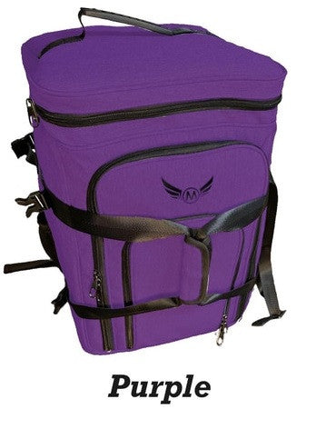 Purple expedition backpack with side pockets and black straps