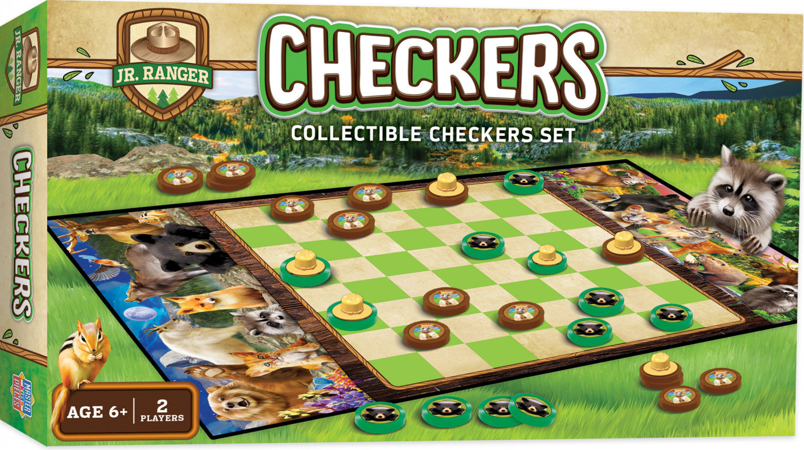 Masterpieces Jr Ranger Checkers Game: wildlife on board, raccoon on box