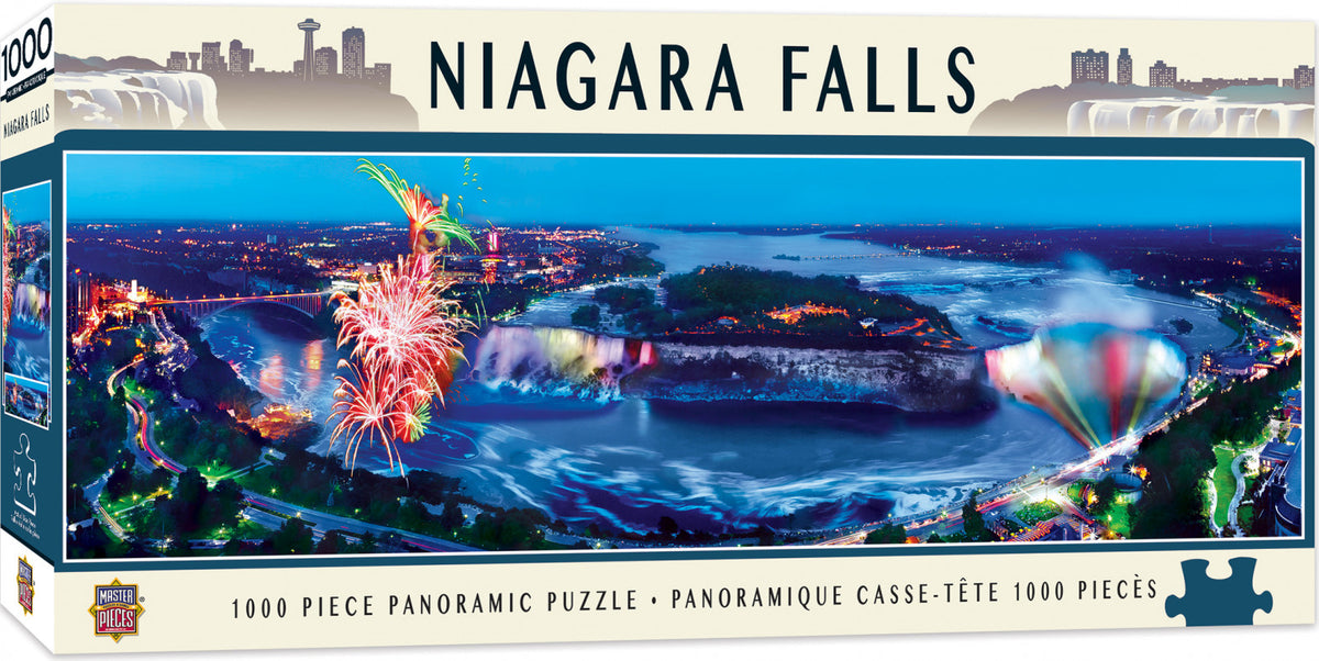 Niagara Falls 1000-piece panoramic puzzle with fireworks and cityscape at night