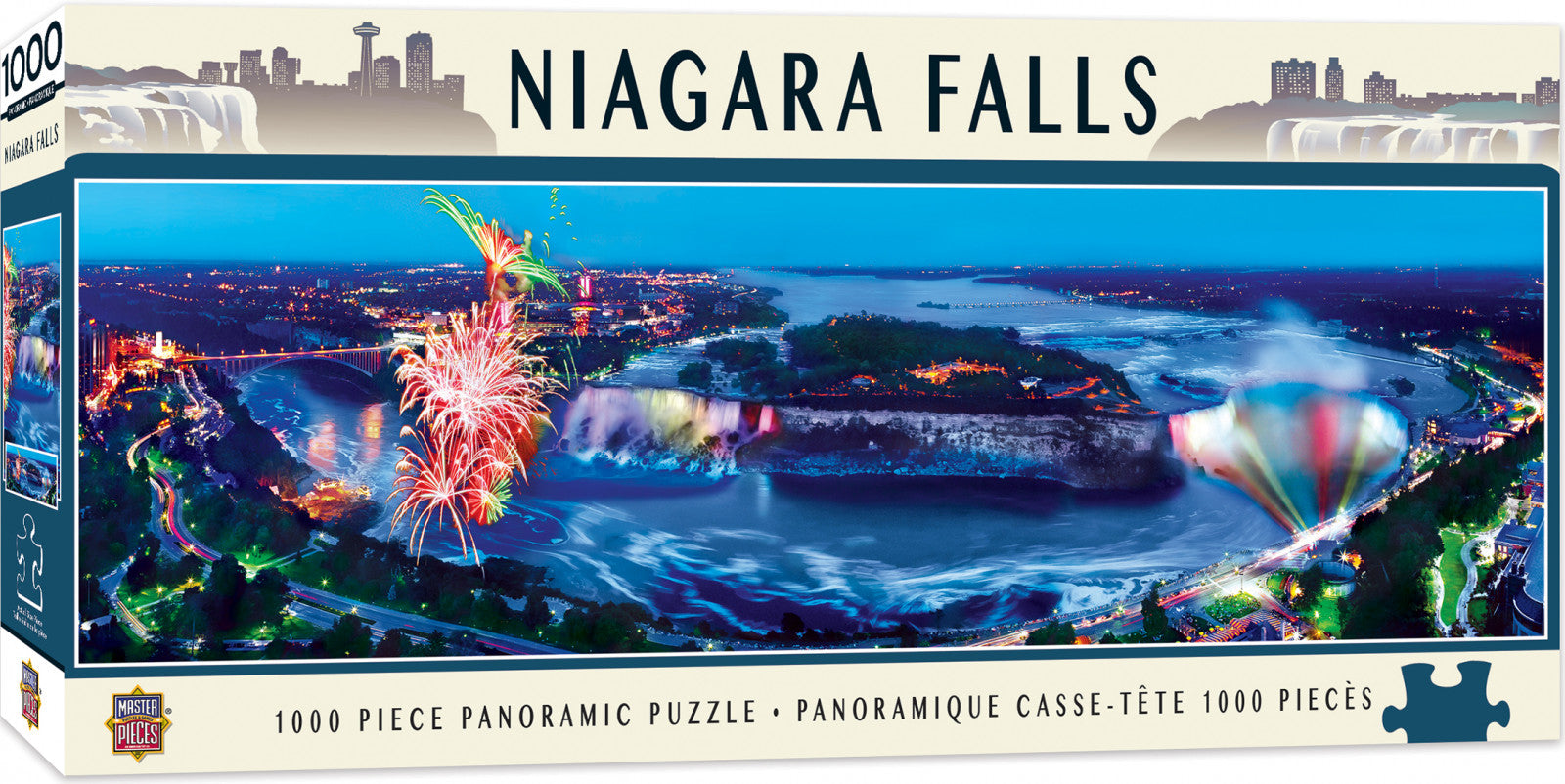 Niagara Falls 1000-piece panoramic puzzle with fireworks and cityscape at night