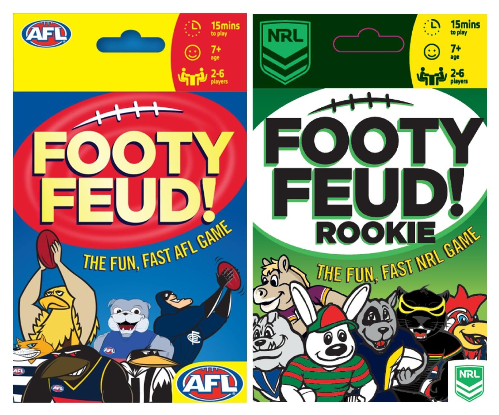 AFL Footy Feud and NRL Footy Feud Rookie card games for 2-6 players ages 7 with 15-minute playtime featuring team mascots