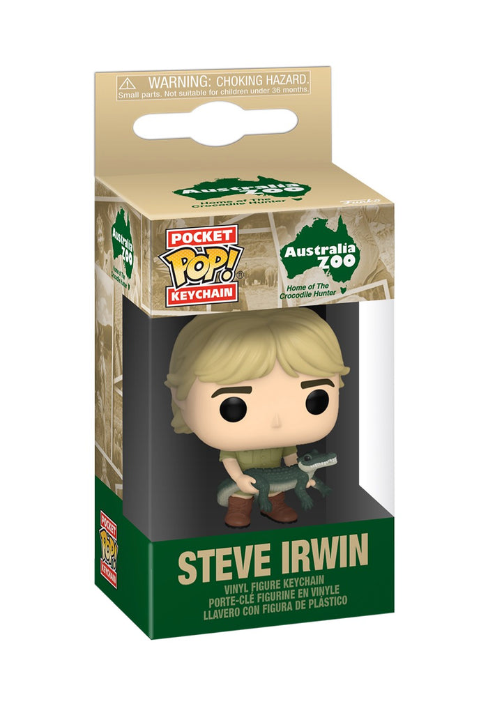 Funko Pocket Pop! Steve Irwin keychain holding a small crocodile, displayed in its box