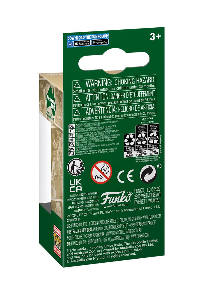 Back of a green Funko Pocket Pop! box displaying safety warnings, manufacturer details, and Australia Zoo co-branding