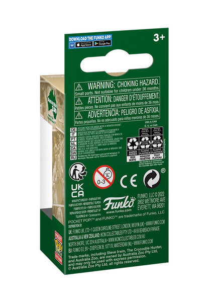 Back of a green Funko Pocket Pop! box displaying safety warnings, manufacturer details, and Australia Zoo co-branding