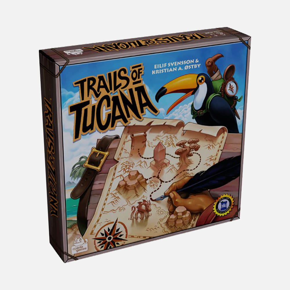 The Trails of Tucana board game box, angled to show the cover art of a toucan, a hand drawing on a map, and the title