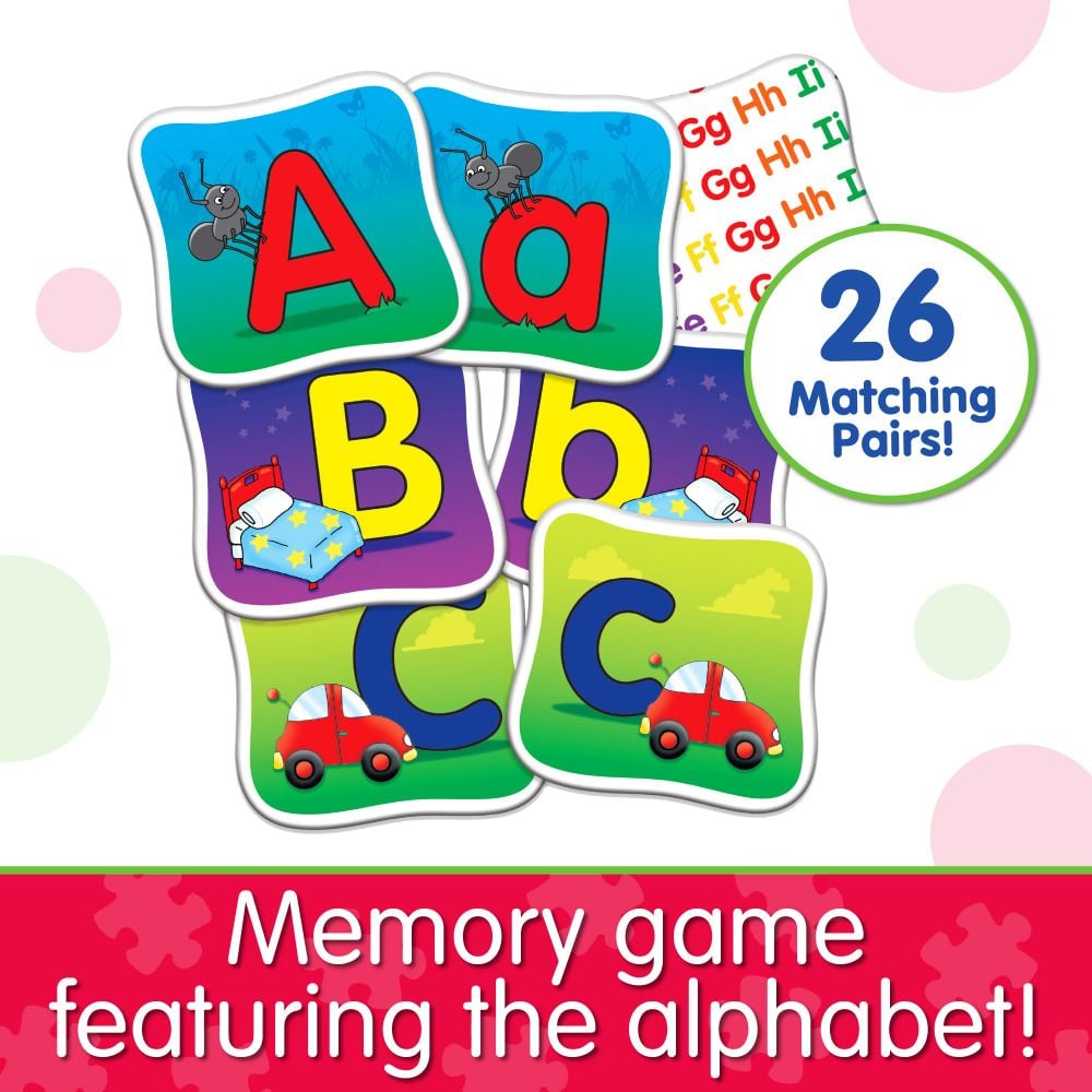 Alphabet memory game cards showing A, B, and C matches with illustrations (ant, bed, car)