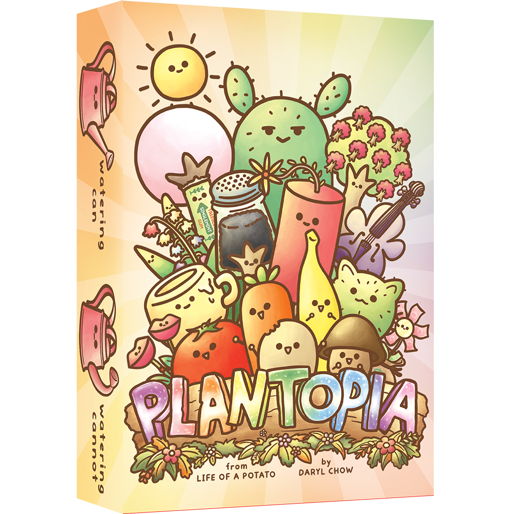 Colorful Plantopia card game box art featuring cute anthropomorphic plants vegetables and garden tools like a watering can and shovel with a smiling sun on a vibrant gradient background