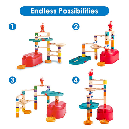 Four varied assemblies of a colorful, multi-level wooden and plastic modular marble run toy set