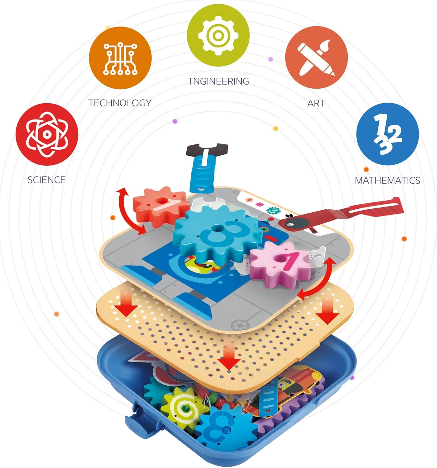 Educational STEAM toy kit with colorful interlocking gears and pegboard construction