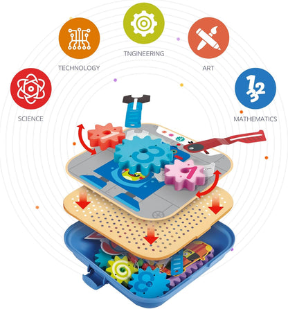 Educational STEAM toy kit with colorful interlocking gears and pegboard construction