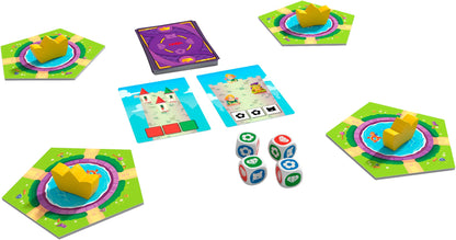 Colourful princess board game components spread out: yellow crown pieces, character cards, dice, and a card stack.