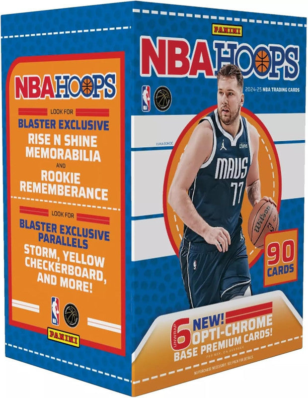 Panini NBA Hoops 2024-25 Trading Cards Blaster Box featuring Luka Doncic holding a basketball