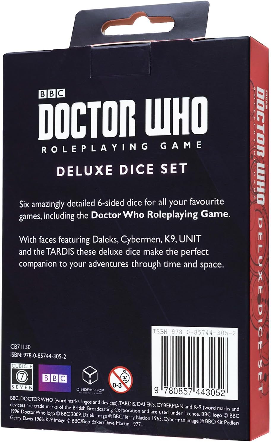 A black box for the &#39;Doctor Who Roleplaying Game Deluxe Dice Set&#39;. Text highlights 6-sided dice featuring Daleks, Cybermen, K9, UNIT, and TARDIS