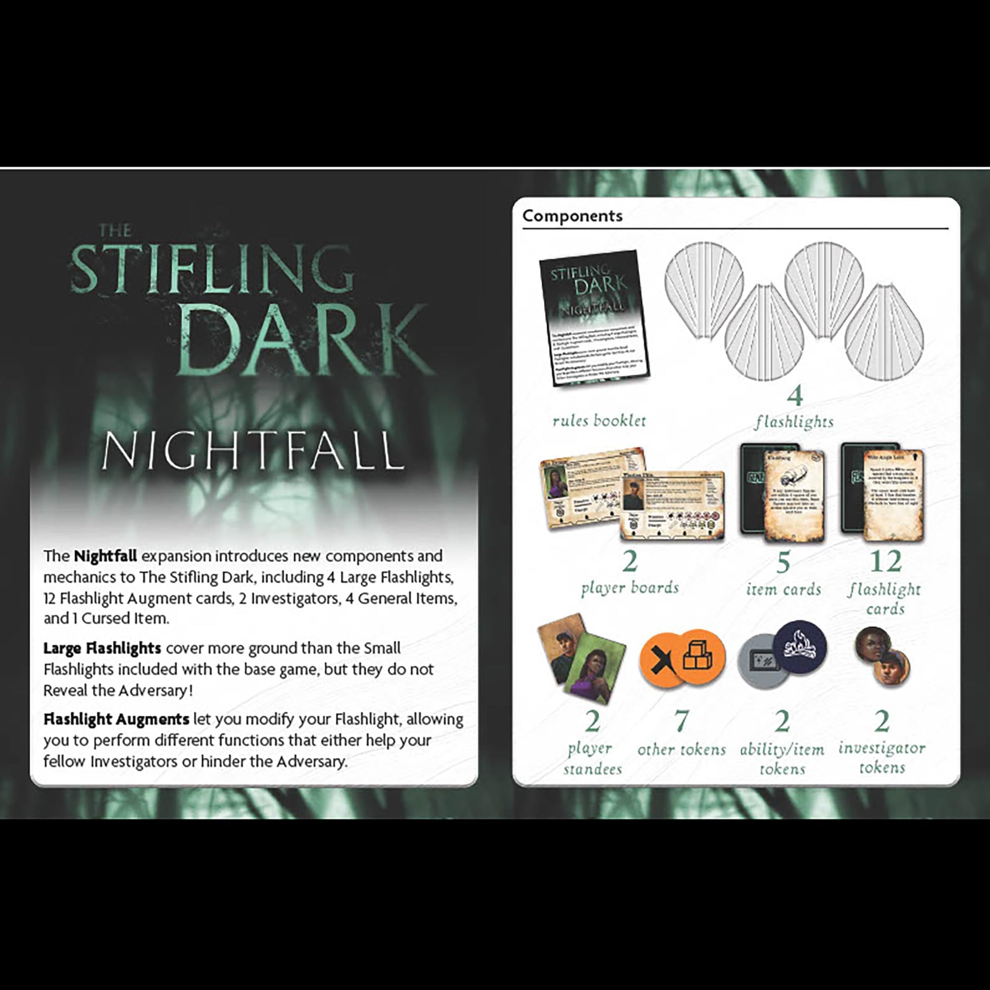 An informational page for "The Stifling Dark: Nightfall" game expansion, detailing its components and rules