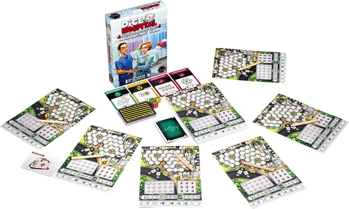 Player boards dice and cards laid out featuring a male and female doctor on the box art