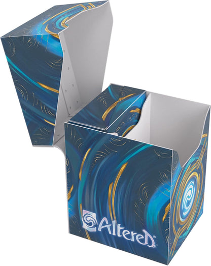 Altered TCG deck box, open, with blue and gold swirl pattern and internal divider