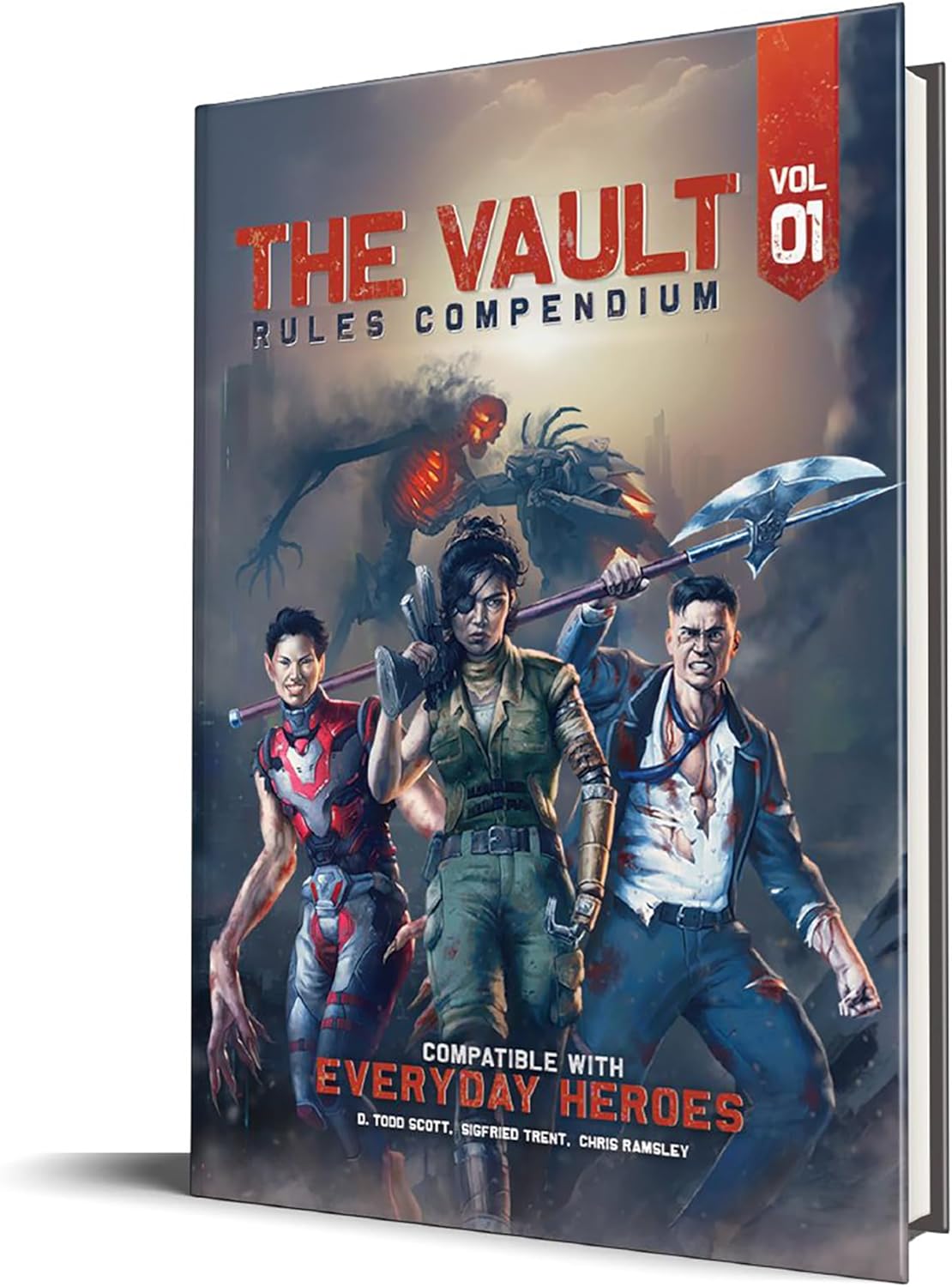 Cover of 'The Vault Rules Compendium Vol 01' showing three armed heroes confronting shadowy monsters in a ruined city.