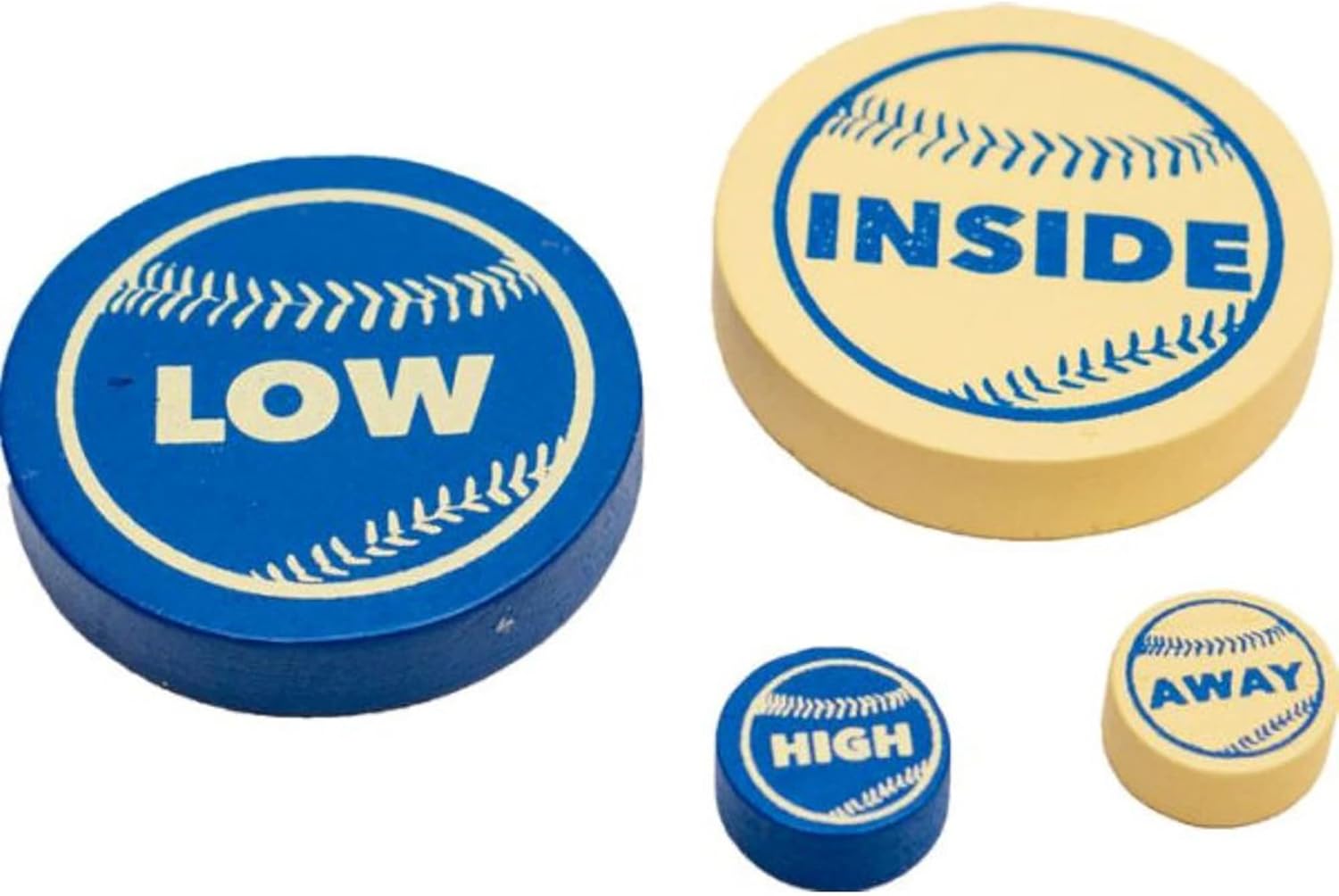 Four blue and yellow baseball-themed discs labeled 'LOW,' 'HIGH,' 'INSIDE,' and 'AWAY,' indicating pitch locations