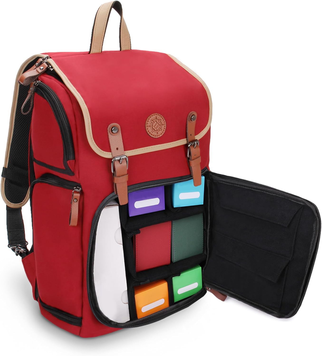 Red backpack with tan leather straps, one side unzipped showing a laptop and colorful cases inside.