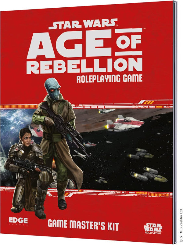 Star Wars Age of Rebellion RPG Game Master&#39;s Kit cover: An armed alien and human Rebel in front of spaceships