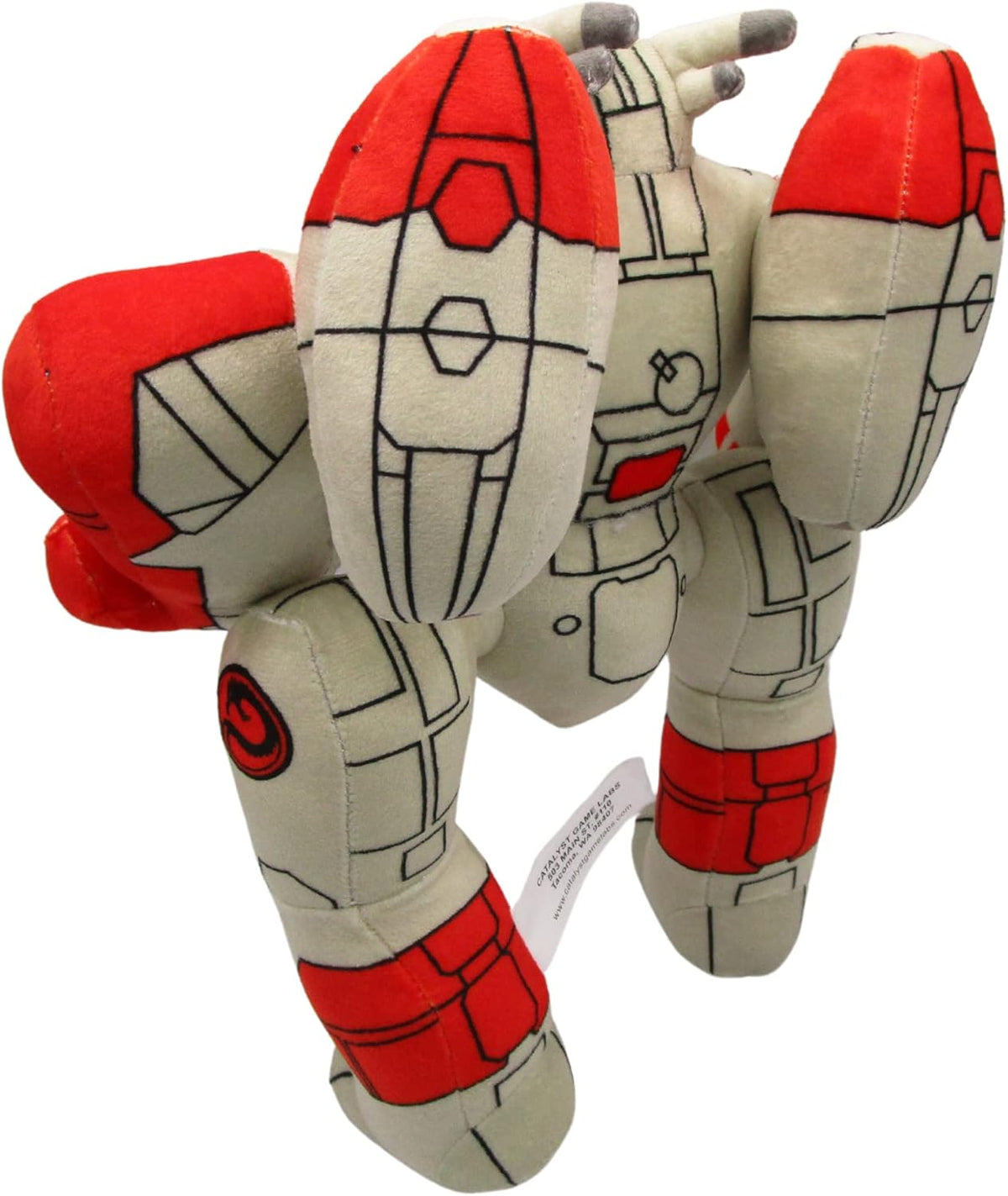 BattleMech Atlas plush toy with red and off-white armor pattern detailing and visible tag