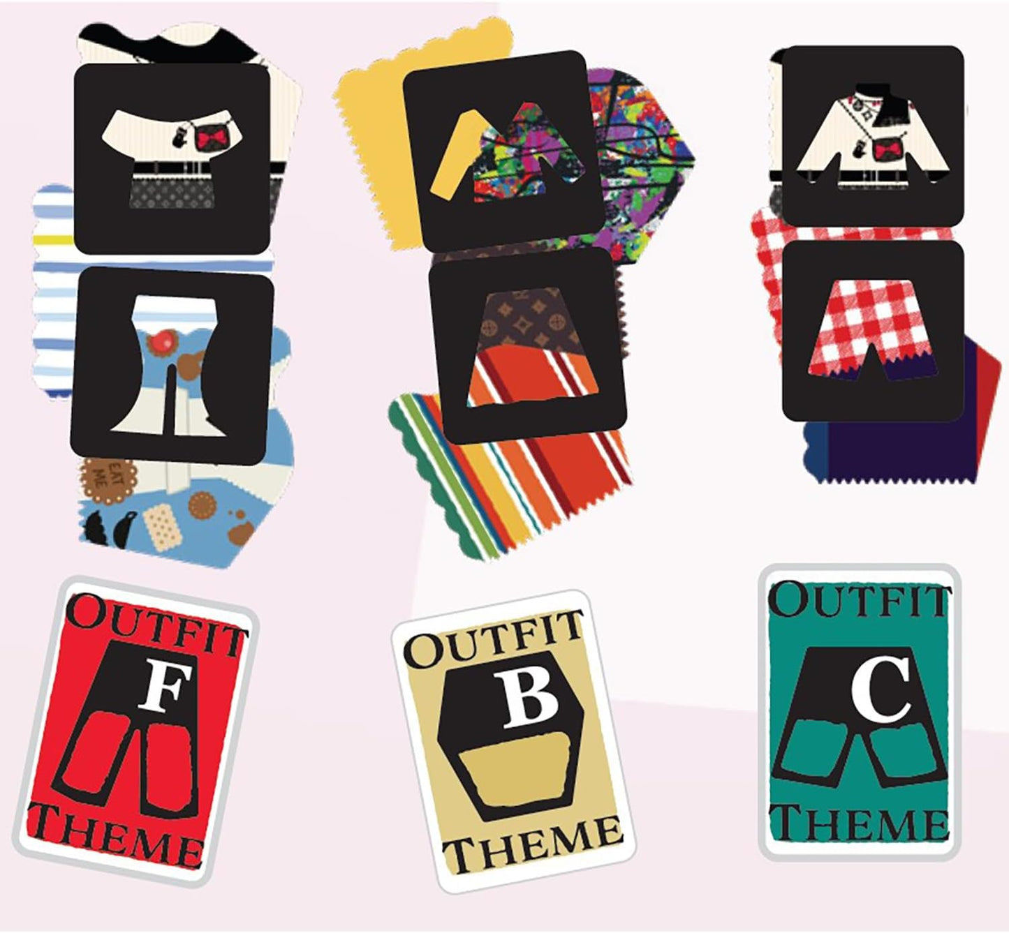 Three arrangements of cartoon clothing pieces with diverse patterns and colors, paired with 'Outfit F, B, C Theme' cards