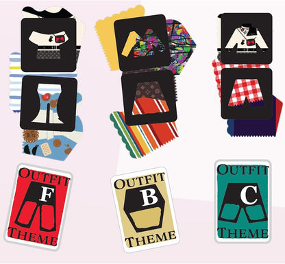 Three arrangements of cartoon clothing pieces with diverse patterns and colors, paired with 'Outfit F, B, C Theme' cards