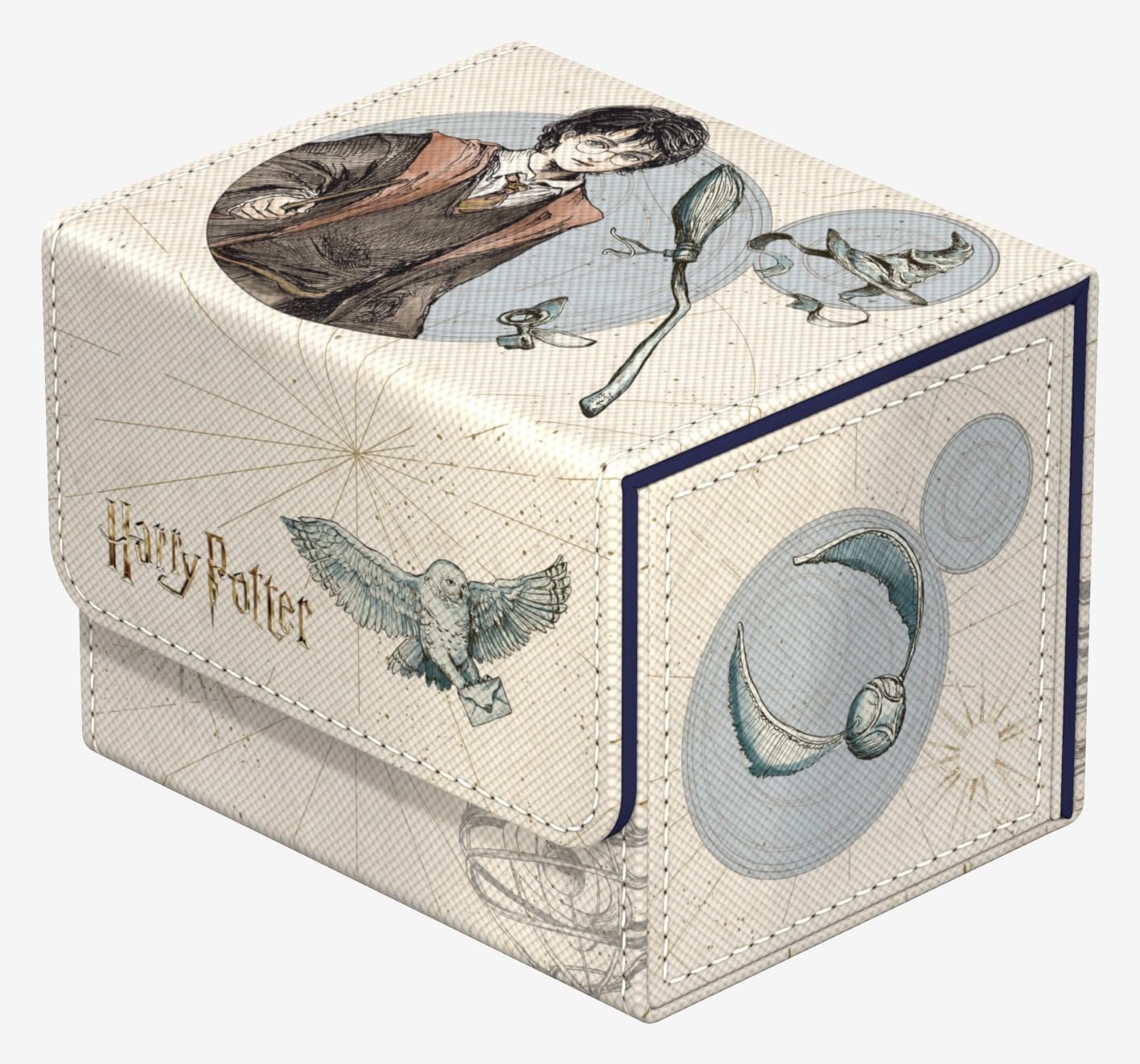 Harry Potter storage box decorated with sketches of Harry, a Golden Snitch, and an owl on a map pattern