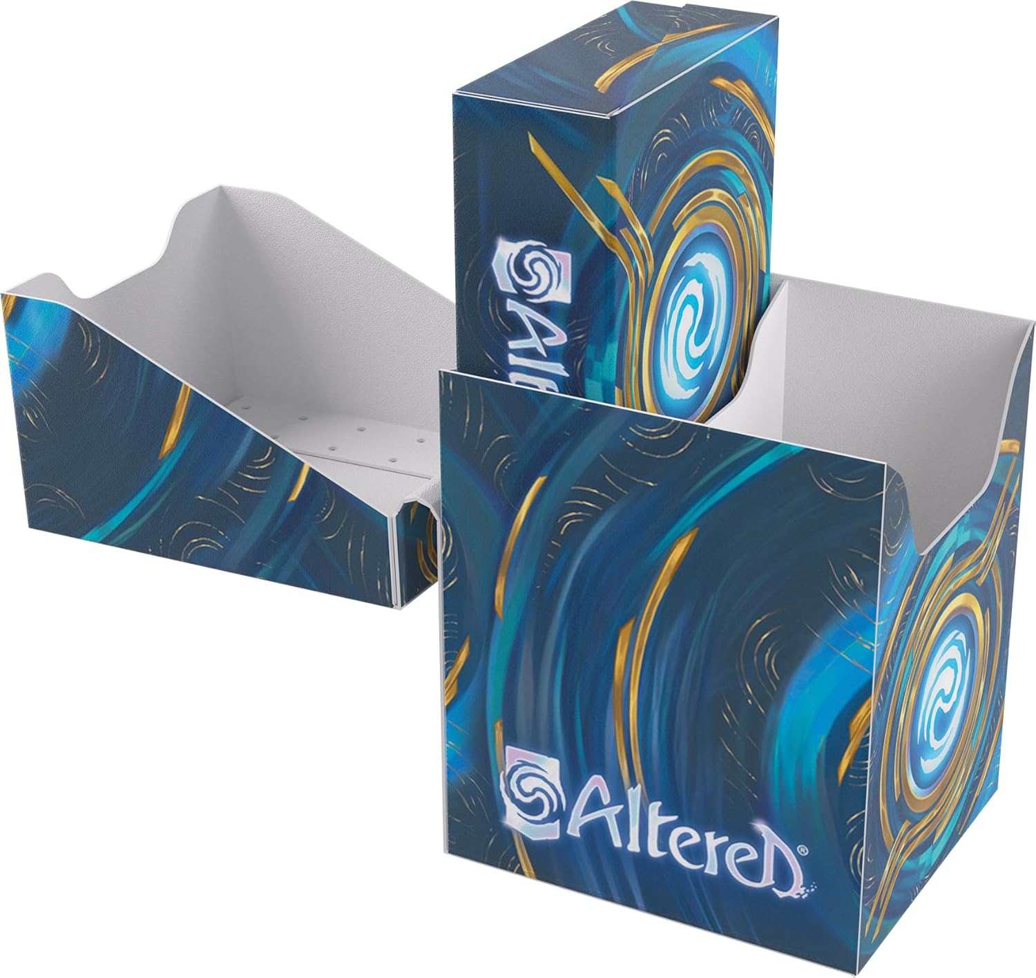 Altered TCG modular deck box, dark blue with gold swirls, shown disassembled