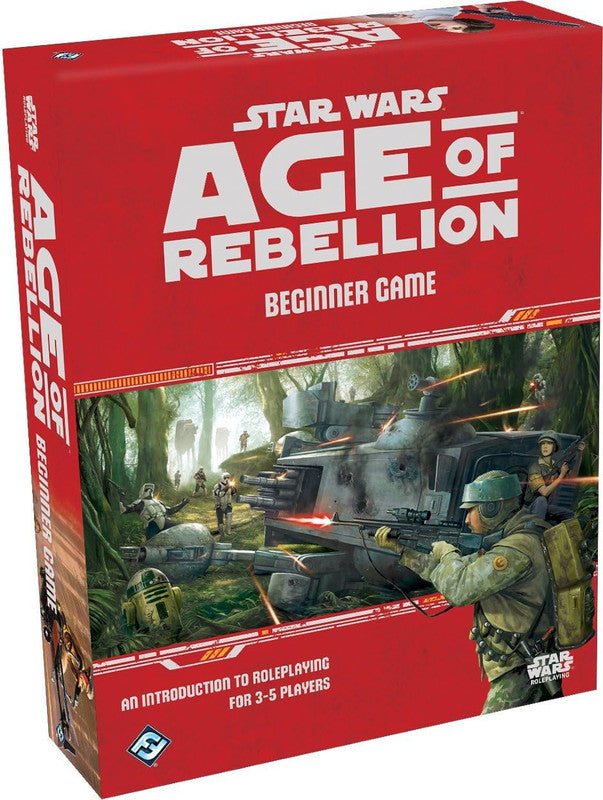 Red Star Wars Age of Rebellion Beginner Game box, artwork depicts Rebel soldiers battling Imperials in a jungle, with AT-ATs
