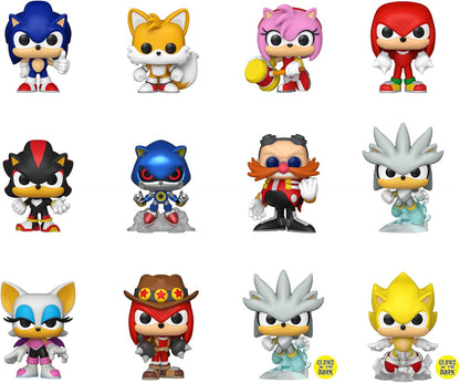 Twelve Funko Pop figures featuring popular Sonic the Hedgehog characters: Sonic, Tails, Knuckles, Shadow, Dr. Eggman, Metal Sonic, and variants