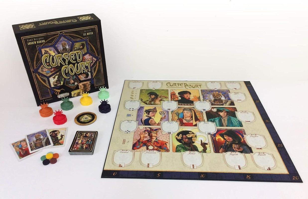 A complete "Cursed Court" board game laid out, showing the box, illustrated board, colorful player pieces, cards, and tokens