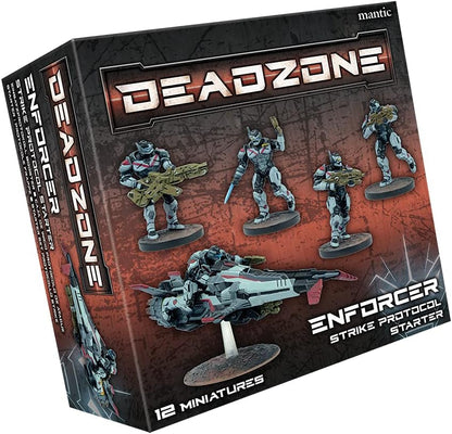 Deadzone Enforcer Strike Protocol Starter box displays 12 detailed sci-fi miniatures, including armored soldiers and a vehicle