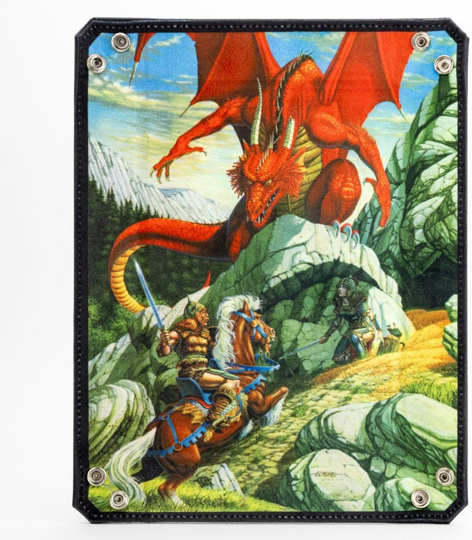 Illustration of a red dragon towering over a sword-wielding warrior on a horse, in rocky terrain