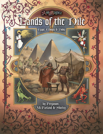 Ars Magica Fifth Edition - Lands of the Nile: Egypt, Ethiopia & Nubia sourcebook cover: Two figures exchange in a desert with pyramids, bordered by an angel, fairy, dragon, and devil