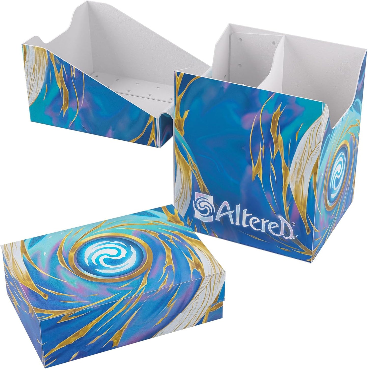 Open Altered card game storage box components, featuring a blue and gold swirling design