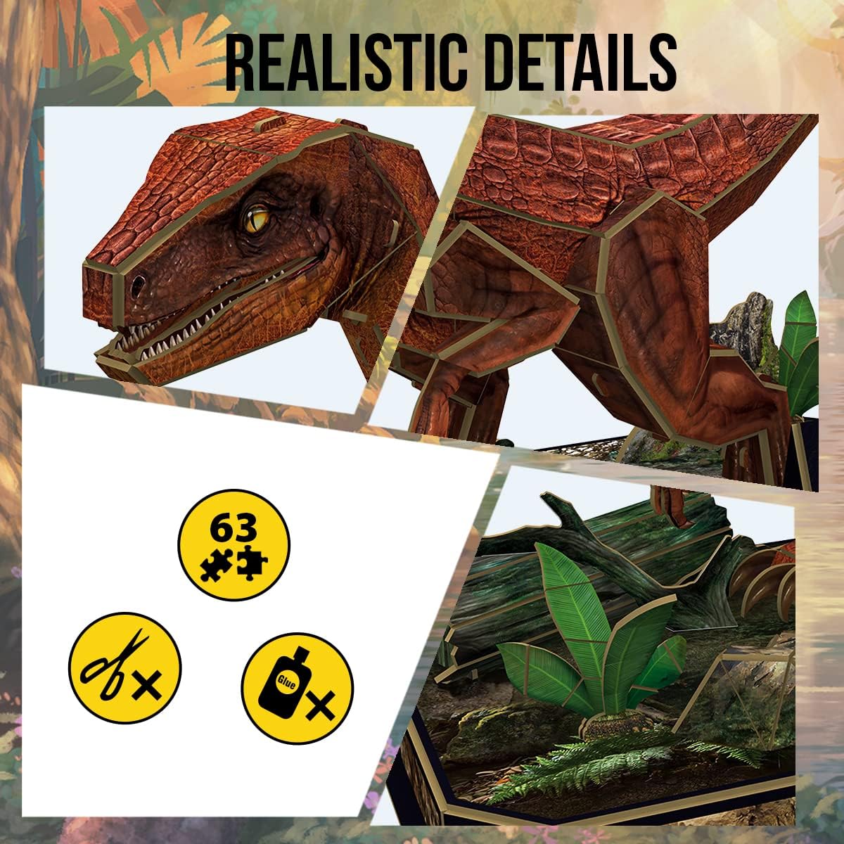 Segmented 3D dinosaur model kit with realistic details. Icons show 63 pieces, no cutting or glue needed