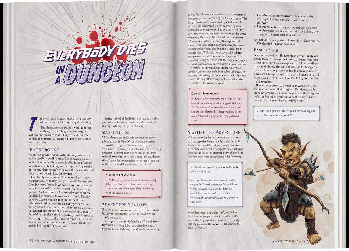 Fierce goblin archer aiming a drawn bow on a page from the RPG module "Everybody Dies in a Dungeon"