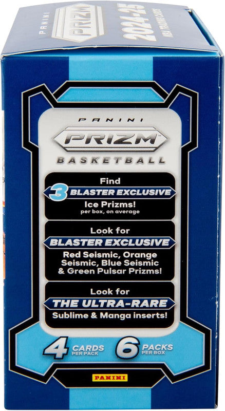 Panini Prizm Basketball Blaster Box with 4 cards per pack and 6 packs per box advertising exclusive Prizms and ultra-rare inserts