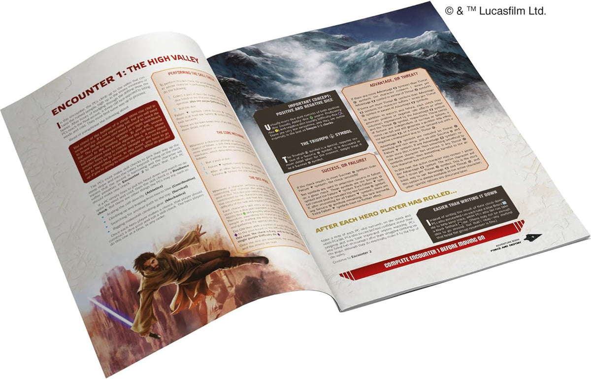 Open Star Wars RPG rulebook with text, art of a lightsaber-wielding Jedi leaping, and snowy mountains