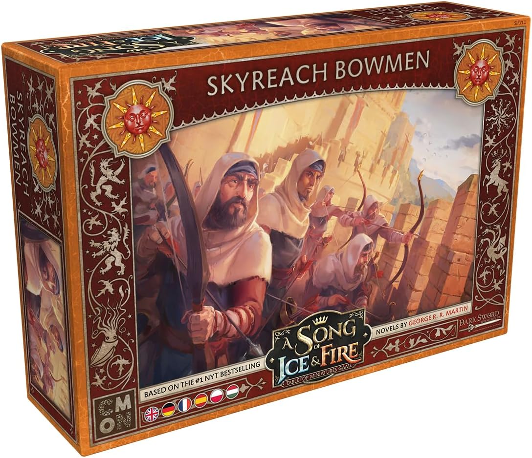 A Song of Ice & Fire: Skyreach Bowmen game box. Features hooded archers with bows, set against a fantasy castle